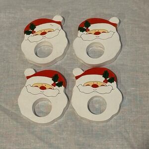 Vintage Santa Claus Napkin Rings - Wooden Santa Heads Cloth Rings Set of 4